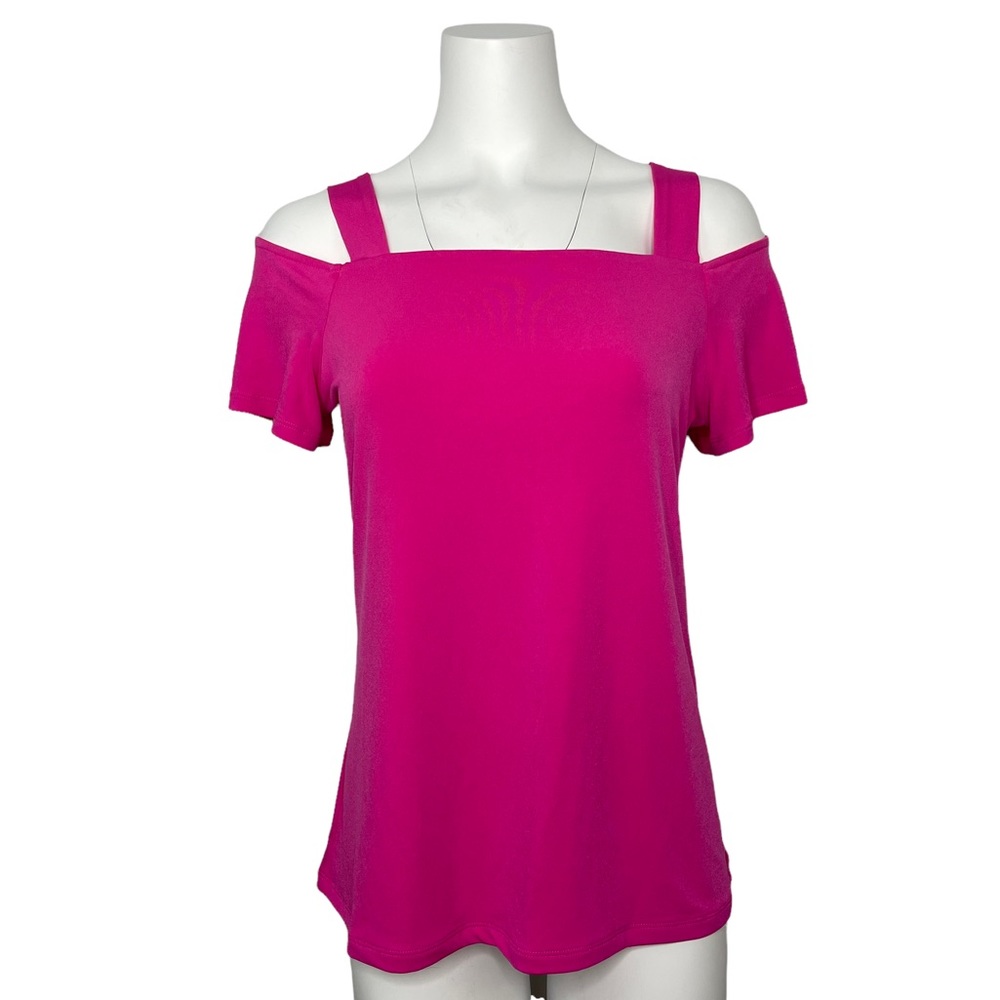 NWT INC Stretch Hot Pink Summer Blouse Cold Shoulder Top S - Picture 1 of 6